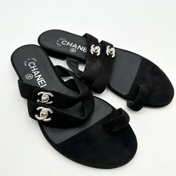 Chanel Turnlock Interlocking CC Suede Triple Strap Flat Sandals - Picture 2 of 10